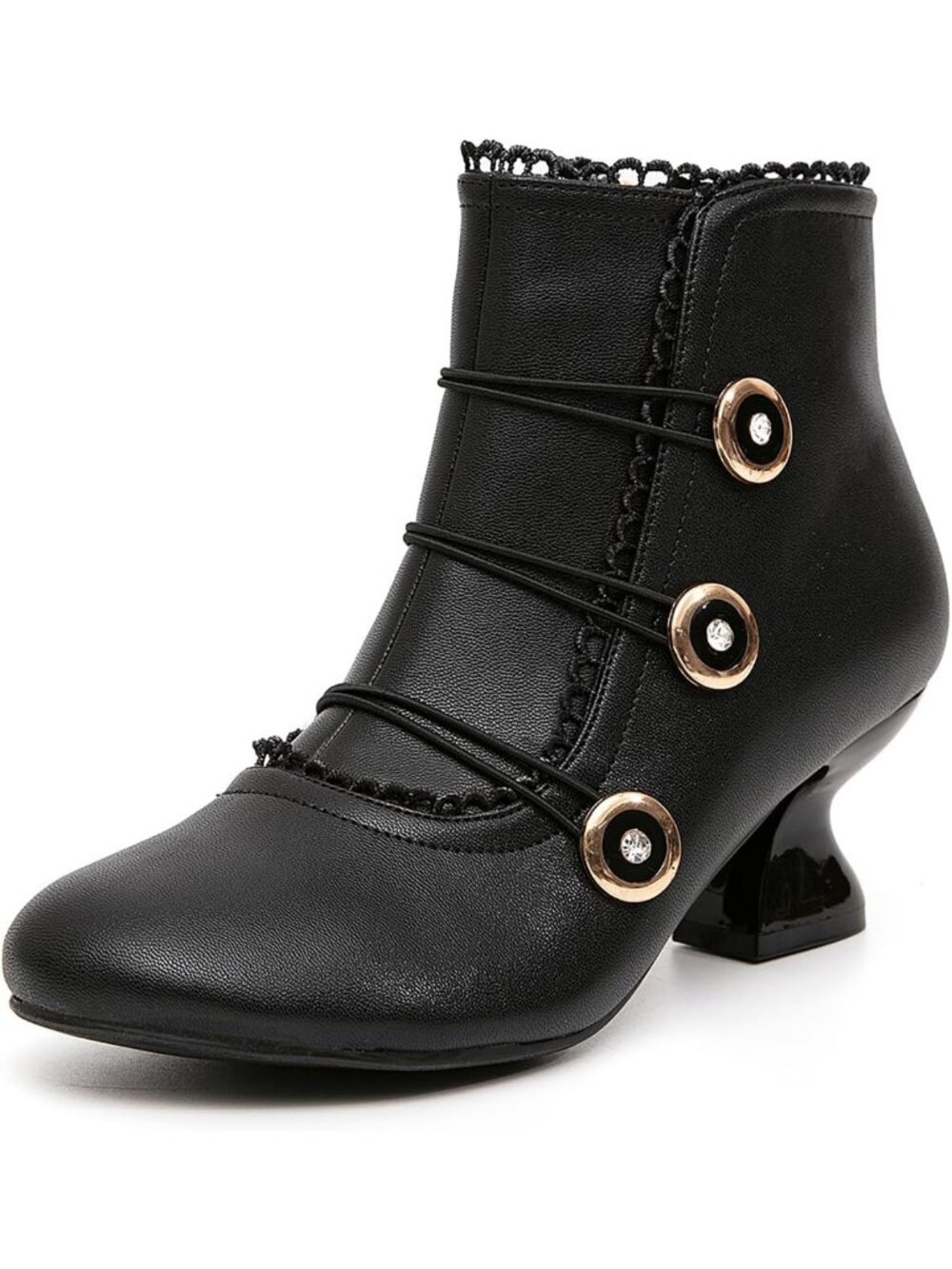 Women's Black Ankle Boots Low Heels Lace Buttons Round Toe Side Zipper Boots